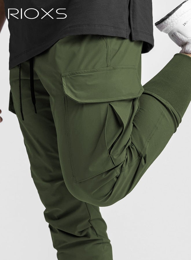 RIOXS Men's Green Jogger Pants, Mid-Rise Athletic Trousers with Drawstring Waist and Side Pockets, Tapered Cuff Workout Pants for Gym, Running and Streetwear​, Elastic Cuff Sweatpants, Urban Workout Pants, Young Men's Street Style Bottoms - Image 2